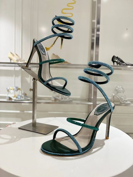 Elegant Brand Renecaovilla Women Cleo Sandals Shoes Margot High Heels Spiral Crystals Wraps Strap Party Wedding Lady Sandalias EU35-43 With