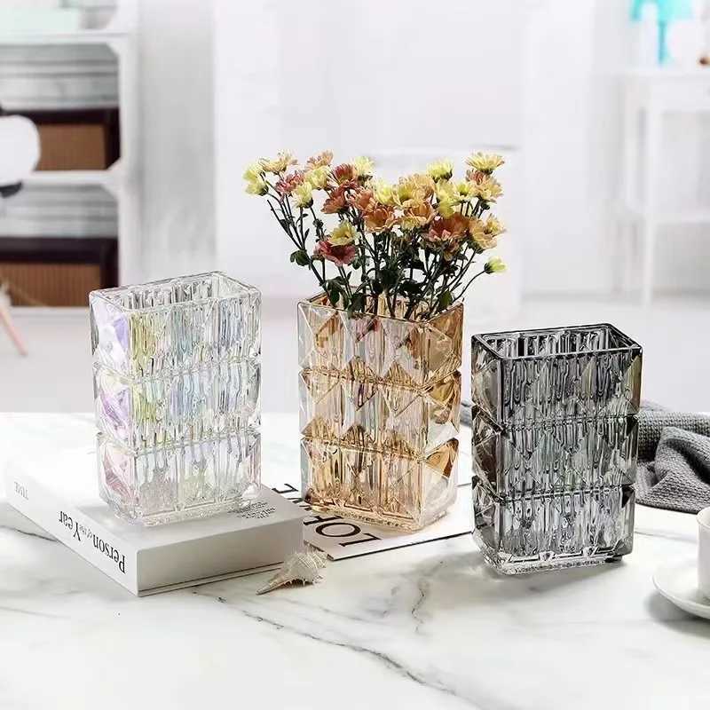 Ins Crystal Glass Vase Square Transparent Flower-arranging Container Ornaments Light Luxury Living Room Cyber Celebrity Flower C R250625