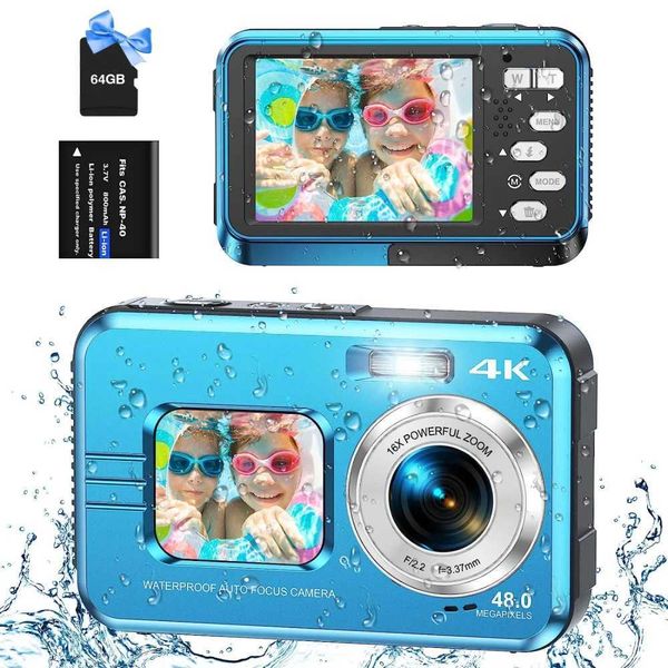 Sports Action Video Cameras 4K Underwater Camera 11FT Waterproof Camera with 64GB Card 48MP Autofocus Dual-Screen Selfie Underwater Camera f