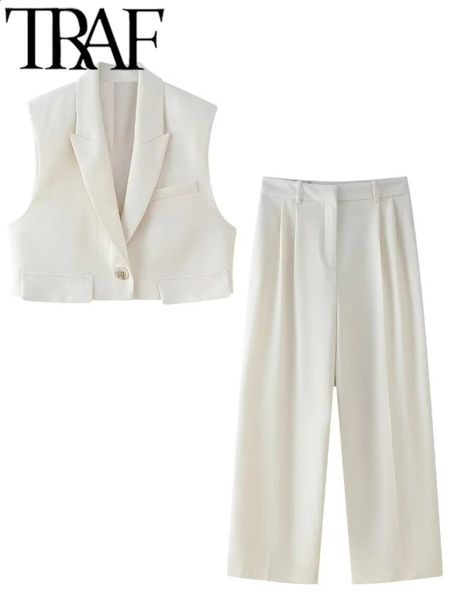TRAF Office Womens Set Collar Vest Sleeveless Ultra Thin Single Button Tank Autumn Y2K Floor Folded Pants 240814