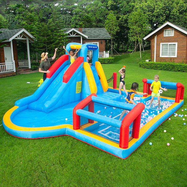 Inflatable Playhouse For Kids Outdoor Multi Functions Water Slide Jumping Games Volleyball And Football Field Sports Court Soccer Goal Playg