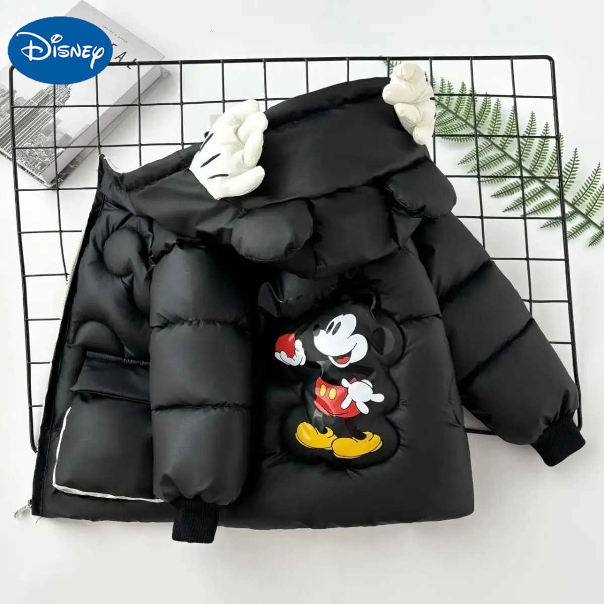 Disney Baby Boy Girl Down Jacket Autumn Winter Children Mickey Mouse Cartoon Thicken Cotton Coat With Bag Toddler Kids Hooded Outerwear H251007