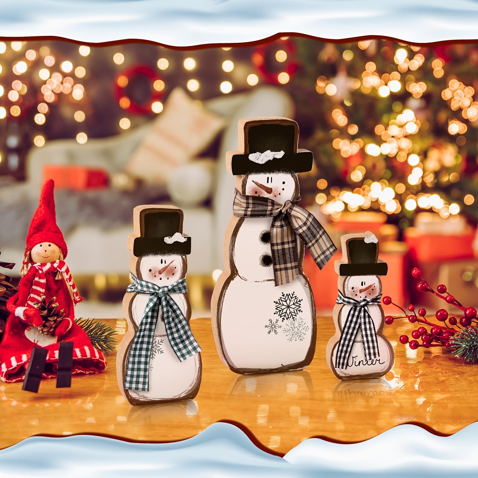 TEMU Christmas Tiered Tray Decor - 3pcs Holiday Tabletop Decorations: Wooden Snowman Centerpiece Block Signs For Indoor Display On Fireplace Mantel,