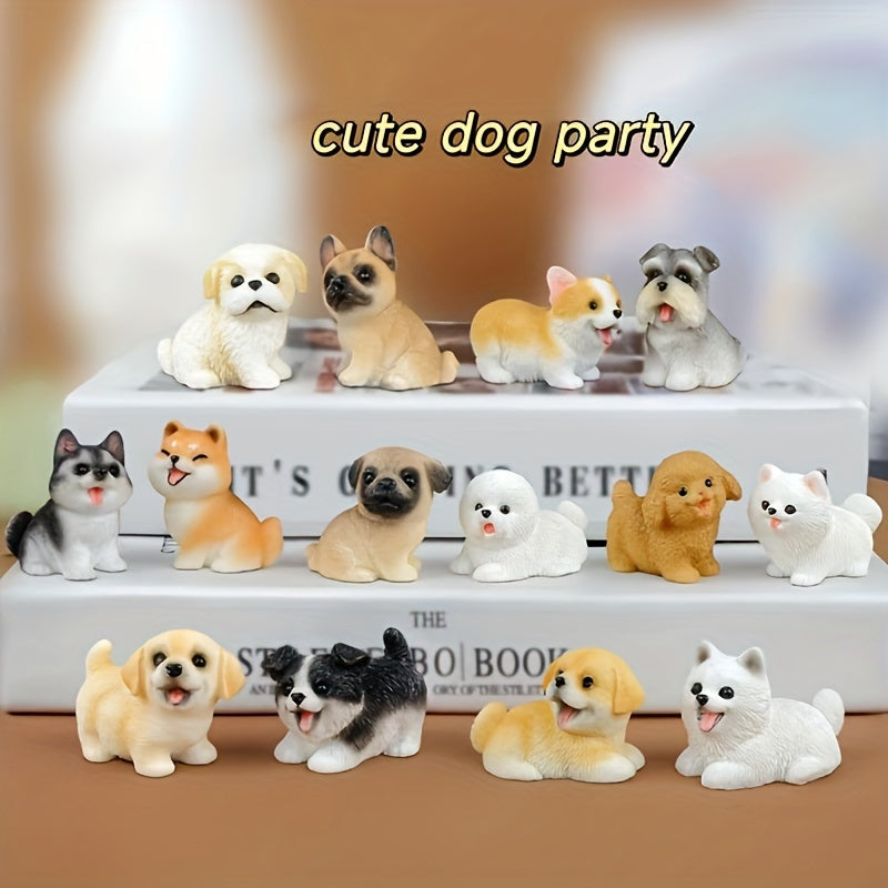 TEMU 14pcs Miniature Dog Figurines Set, Assorted Resin Puppy Collectibles, No Electricity Needed, With Party Favors, For Desktop & Garden Decor,