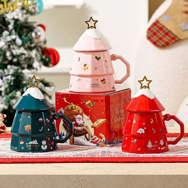 350ML Christmas Tree Mugs with Lid Creative Christmas Ceramic Water Cup Coffee Milk Mug for Home Office Xmas Gifts Box Set 240824