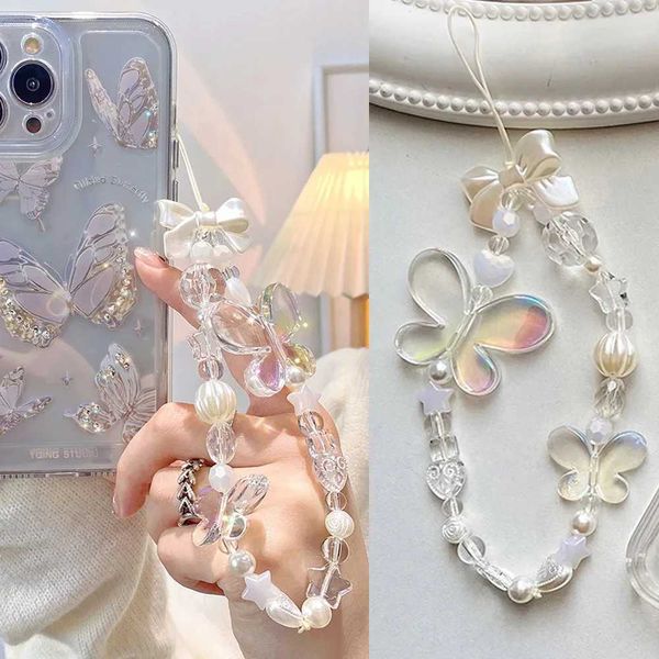 Cell Phone Straps Charms INS Clear Butterfly Mobile Phone Chain Anti-Lost Soft Pottery Rope Strap Lanyard Pearl Acrylic Bead Cell Phone Case