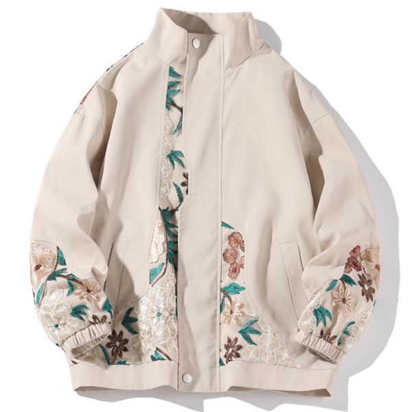 Men&#039;s Leather Faux Spring Flower Embroidery Jacket Men Oversize Baggy Coats Fashion Harajuku Street Zip Up Windbreaker Clothing Tops Ma