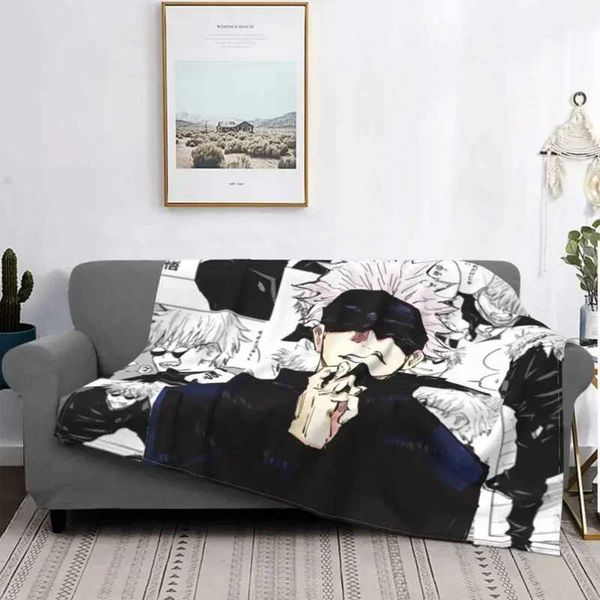 Gojo Satoru Collage Manga Fleece Blankets Jujutsu Kaisen Anime Vintage Throw Blanket for Home Bedspread Y240730