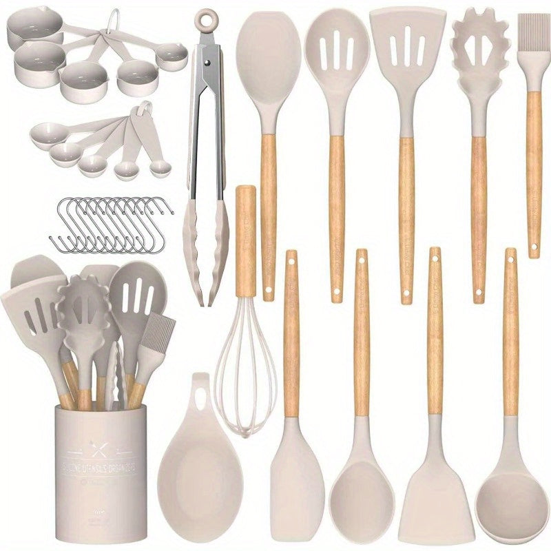 TEMU Kitchen Cooking Utensils Set, 34pcs Utensils Spatula Set With Holder, Black Wooden Handle Silicone Kitchen Gadgets