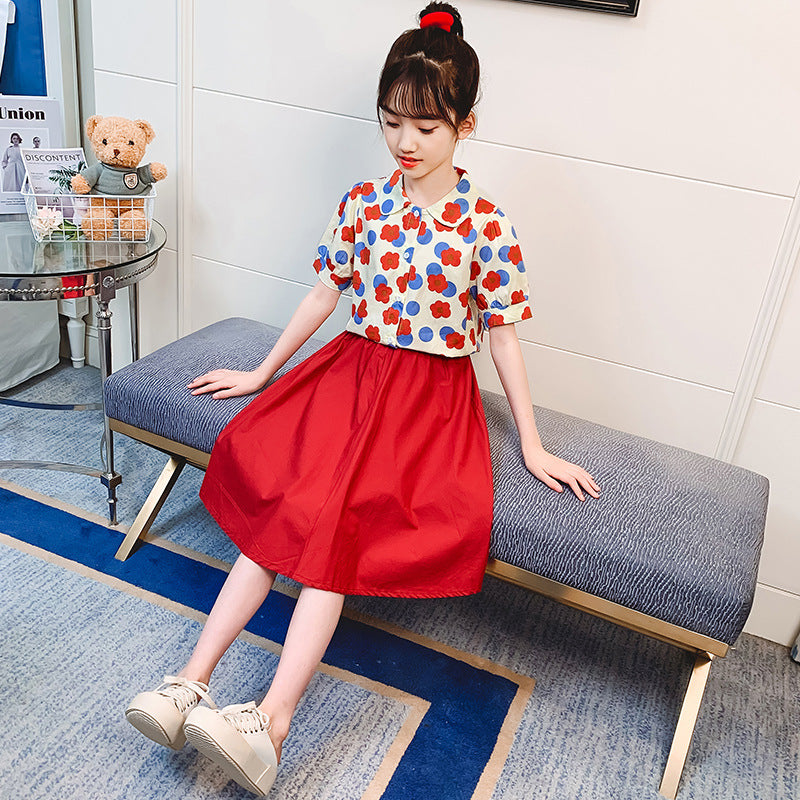 XW102Girls shirt and skirt suits summer new styles for middle and large children&#039;s suits and skirts for little girls, fashionable two-piece sui