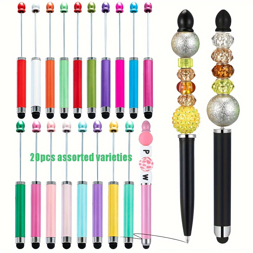 TEMU 20pcs 3-in-1 Plastic Beadable Pens Beaded Pens With Stylus Tips Plastic Beaded Diy Stylus For Diy Making Back-to-school Gift
