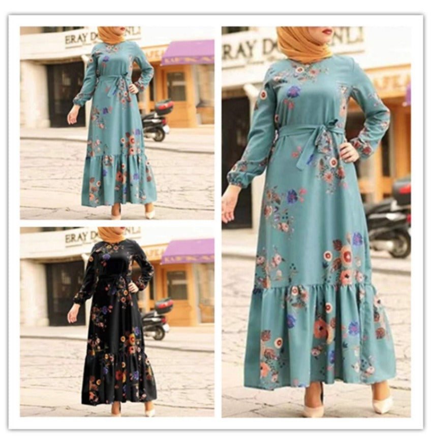 (323) New Medium-length Retro Printed Robe Belt Large Size Dress