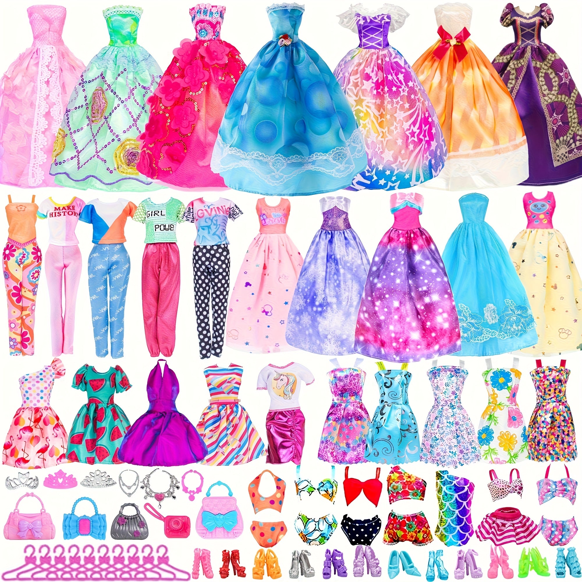 TEMU 48pcs 11.5 Inch Girl Doll Clothes And Accessories Including 2 Long Princess Dress, 2 Skirt, 2 Tops 2 Pants, 5 Slip Skirts, 2 Bikinis And 33pcs