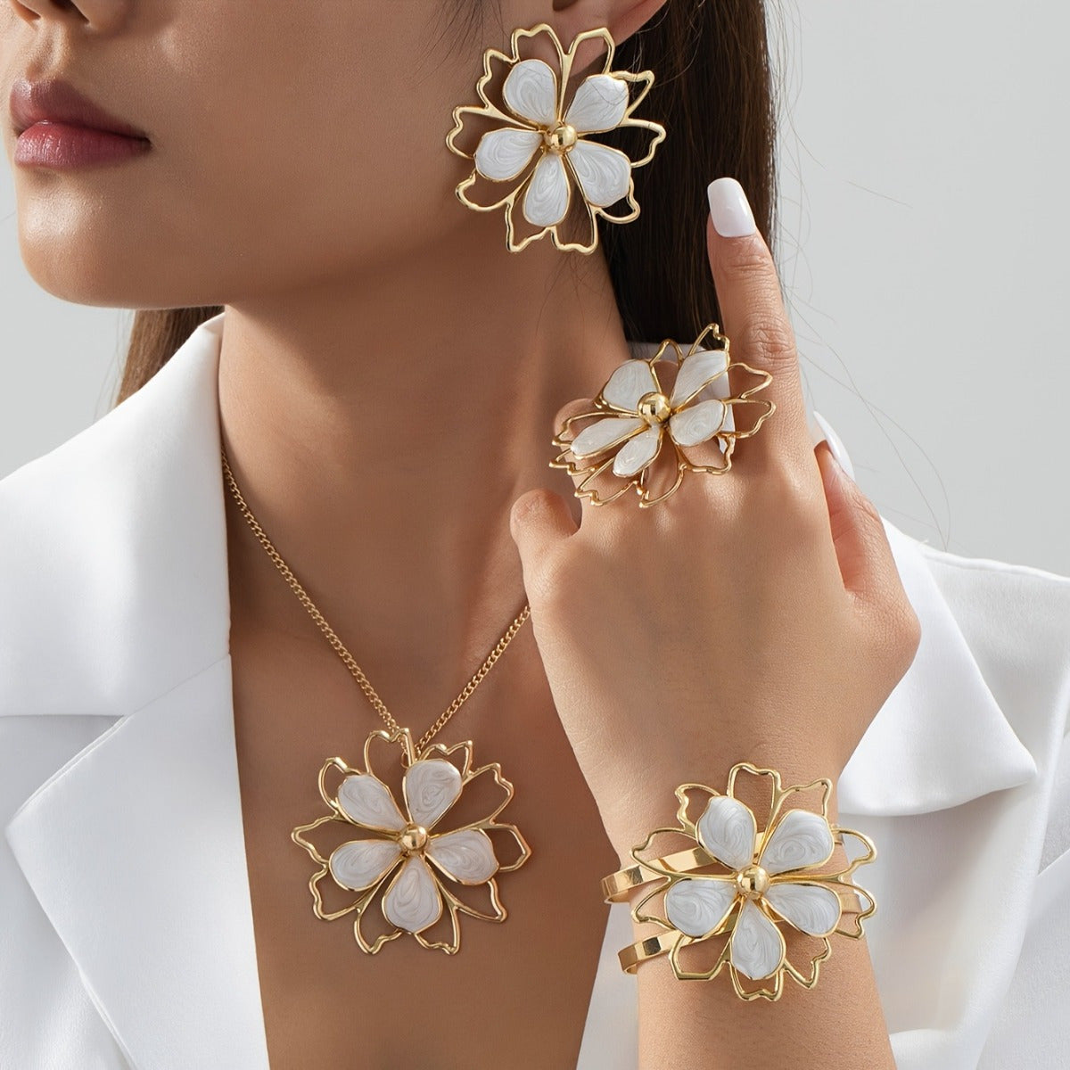 TEMU 5pcs Set - Bracelet, Ring, Earrings, And Necklace Fashion Women's Jewelry Set - Elegant And - Irregular Hollow Thread And - Suitable For Daily