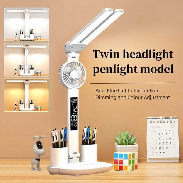 Table Lamp LED Double-headed Multifunction Foldable Touch LED Clock Table Lamp With Fan USB Chargeable Dimmable Reading Lamp B240904