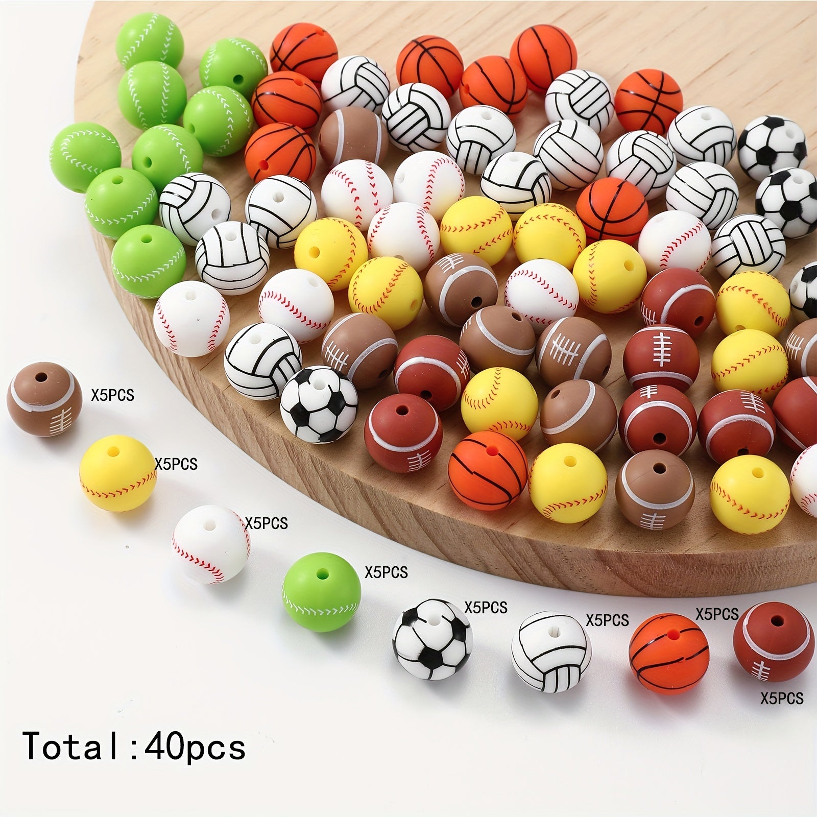 TEMU 40-30pcs Sports Silicone Beads 15mm Oval - Baseball, Softball, Football, Basketball, Volleyball, Tennis Beads For Making, Keychain, Bracelet,
