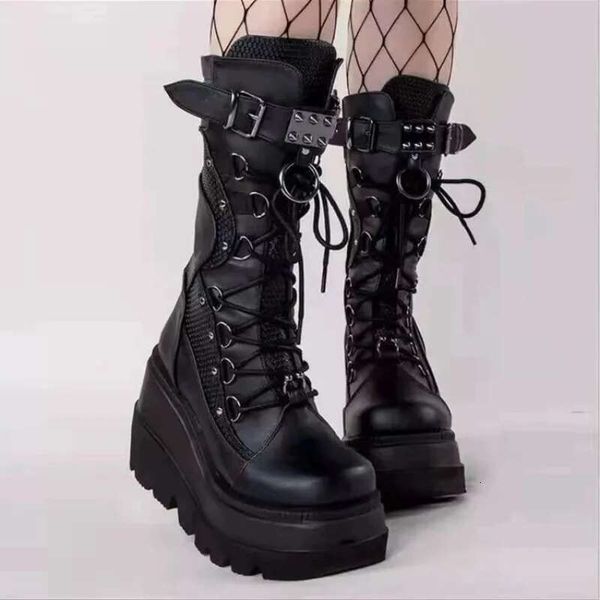 Brand Design Ladies Platform Big Size Rivet Goth High Heels Boots Women Cosplay Wedges Punk Woman Gothic Shoes