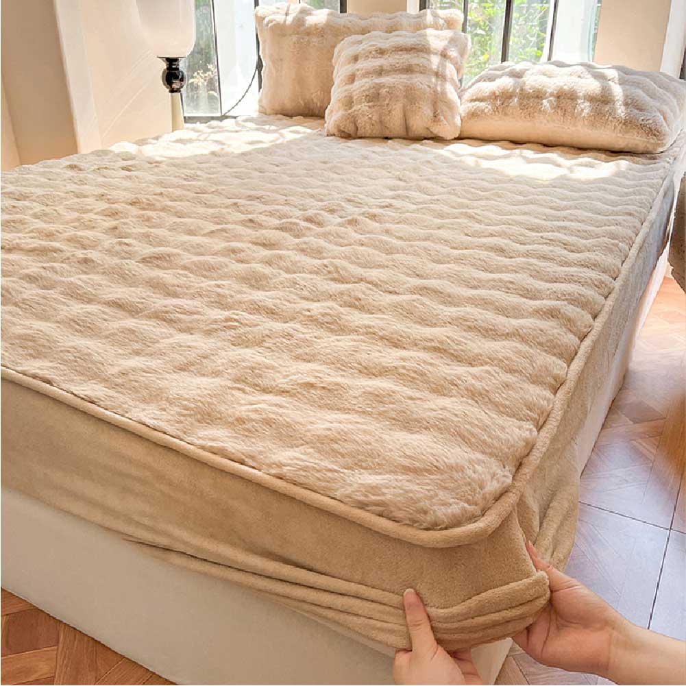 Plush Bubble Skin-Friendly Warm Fitted Sheet Mattress Cover, Coffee - Queen(1 pc)