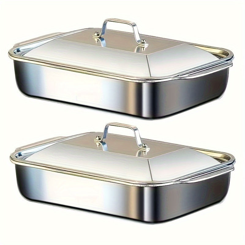 TEMU 2pcs Extra Large Heavy Duty Stainless Steel Bakeware With Lid- Thickened Rectangular Oven Tray, Suitable For Desserts, Bread And Seafood-