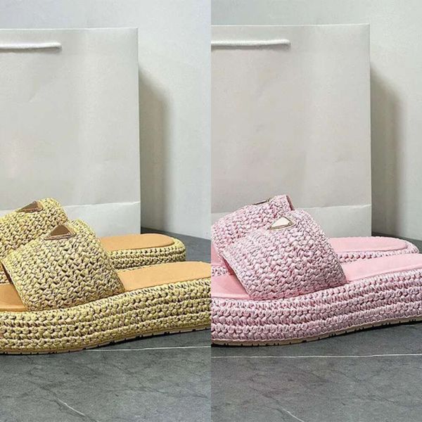 30off~ sandal women designer platform slippers luxury sandals man slipper Leather weave Shoe White Raffias sandale Scuffs triangl s