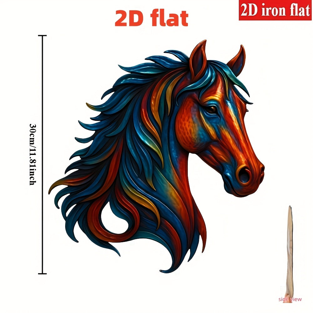 TEMU 2d Flat, 1pc Metal Horse Head Wall Decor - Elegant Equestrian Art With Blue, Orange, Red, Teal & Black - No Electricity Needed, Horizontal Or