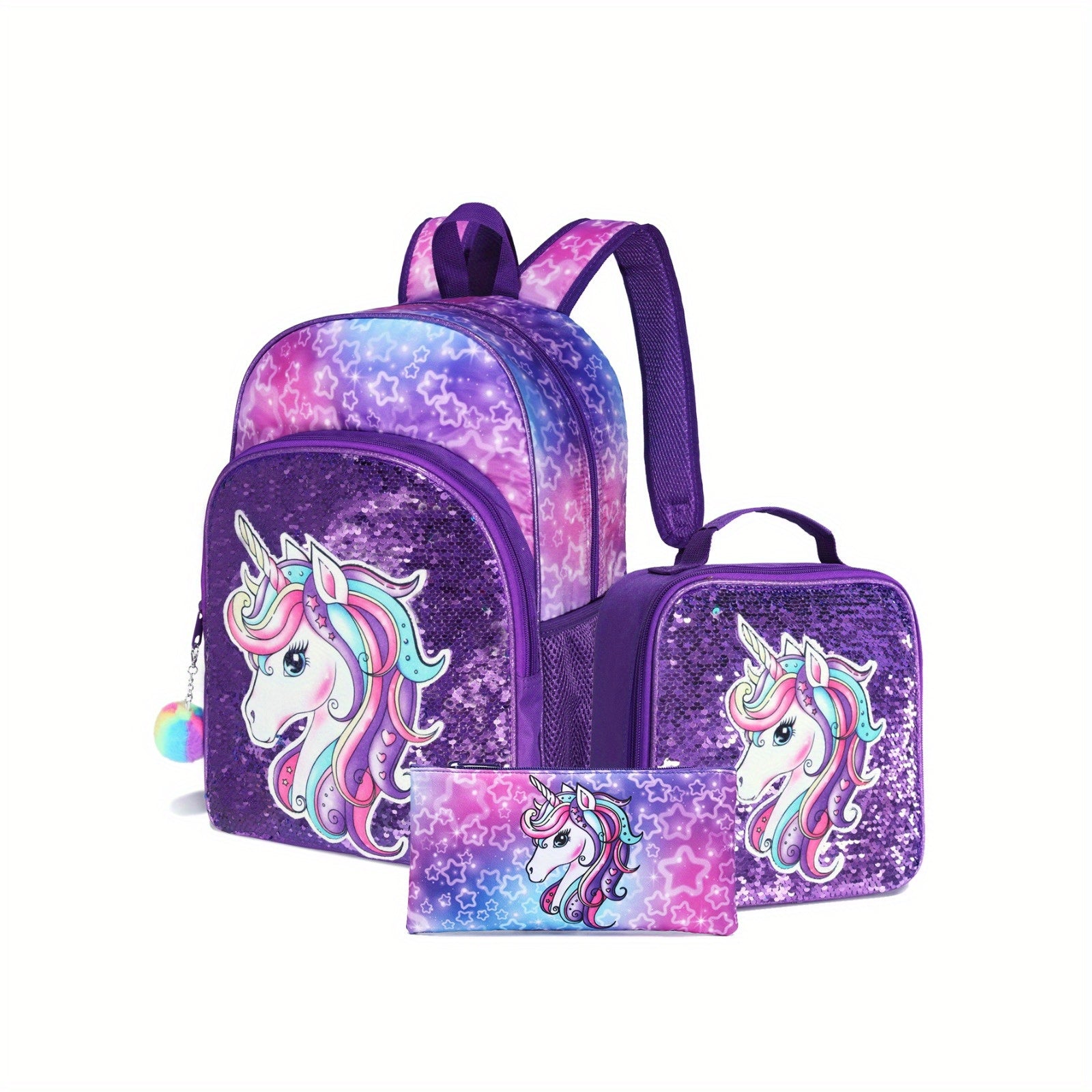 TEMU Unicorn Backpack, Lunch Bag, And Pencil Case Set Of Three. Made Of Durable, High Quality Material. Lightweight, Large Capacity With Multiple