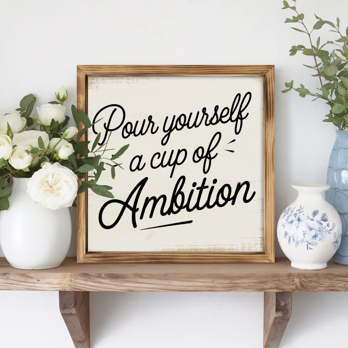 TEMU 8x8" Framed Wooden Sign "pour Yourself A Cup Of " - Farmhouse Style Motivational Wall Decor With Black Lettering & Light Wood Frame, Horizontal