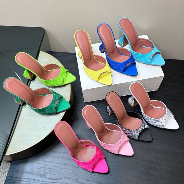 Top quality Rhinestone high-heeled sandal slippers mules Spool Heels open toes Green rose Blue yellow Pink Luxury designer heels Office shoe