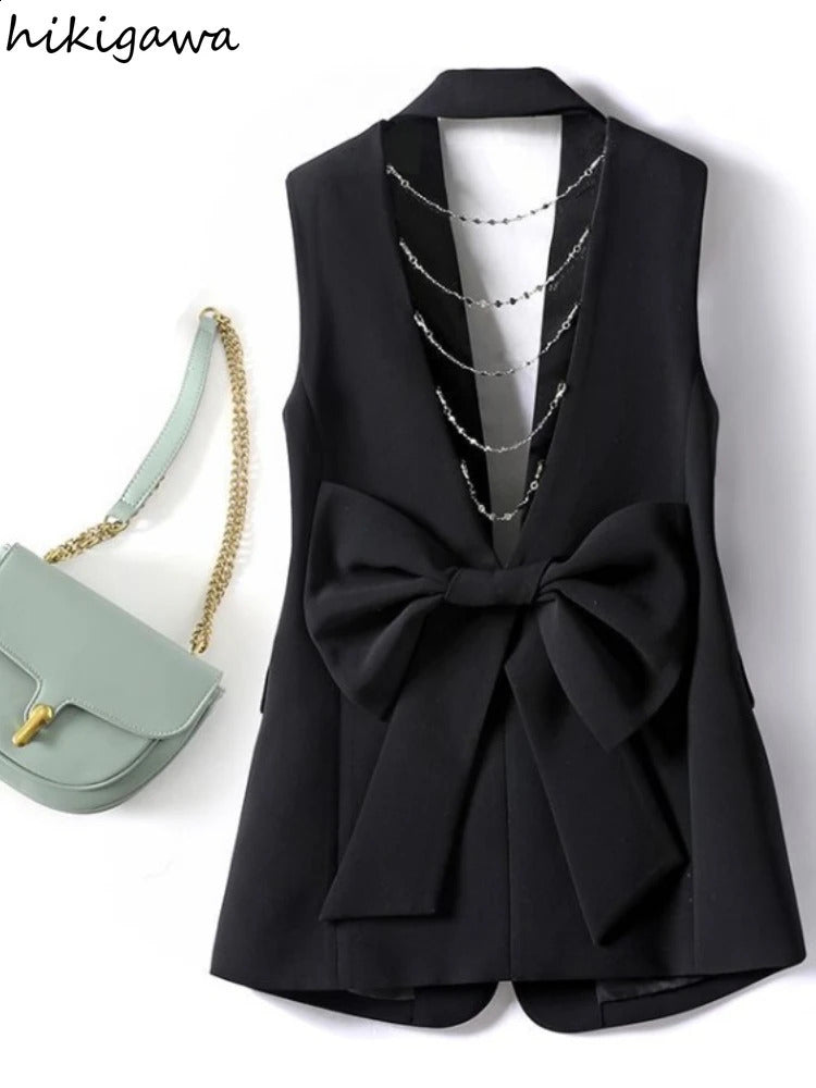 Sleeveless Cardigan Vest Women Ropa Mujer Fashion Hollow Out Chain Bow Waistcoat Tunic Fashion Black Tanks Korean Y2k Tops 240919