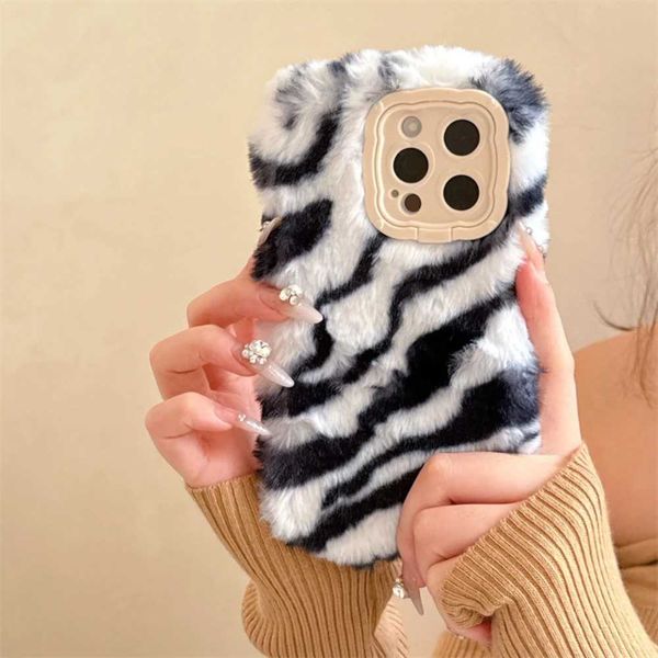 High Quality Fashionable zebra pattern fluffy warm plush lens holder phone case suitable for iPhone 14 13 15 16 Pro holder bumper back cover