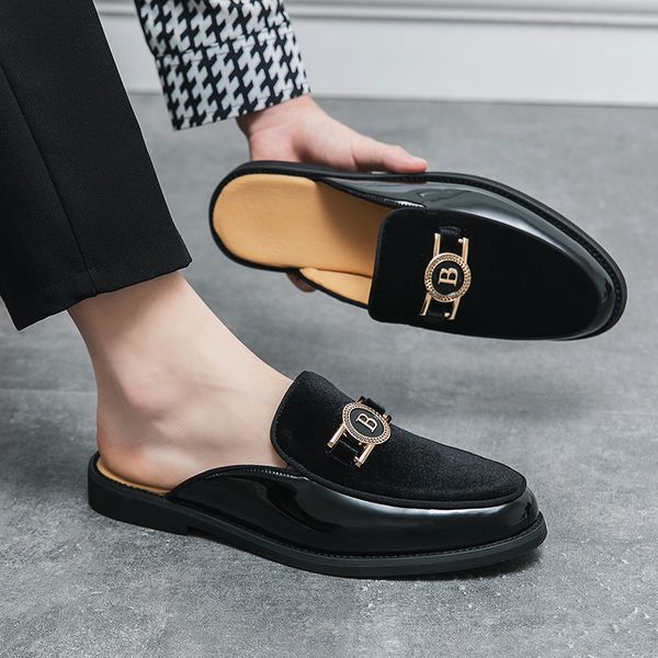Luxury Designer Brand Leather Black Mens Lazy Half Shoes For Men Slides Mules Casual Shoes Fashion Sandals Loafers Slippers 2024