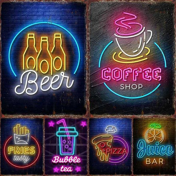 Neon Beer Metal Tin Label Food Poster Cafe Iron Plate Mural Bar Club Red Wine Cocktail Wall Decoration Restaurant Popcorn Plaque Y240803
