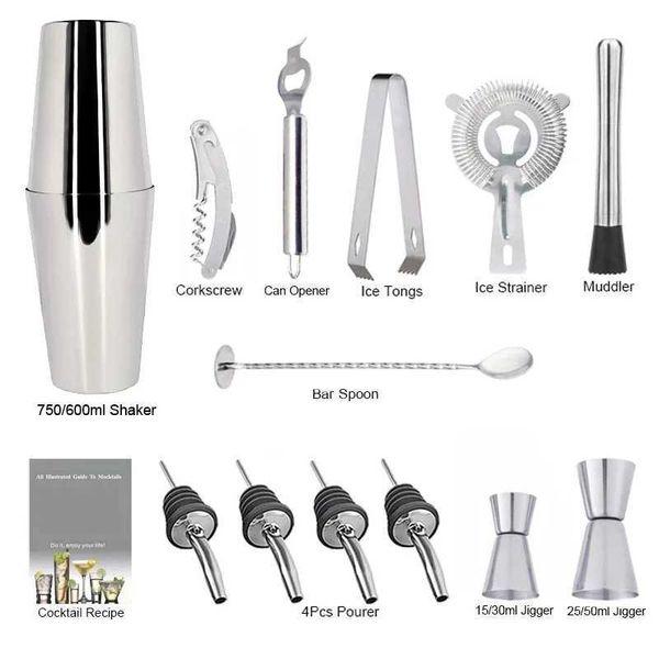 13pcs 750-600ml Boston Bartender Kit Cocktail Blender Bar Tools Blender with Cocktail Recipe W240827