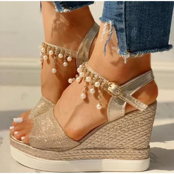 Women 2024 New Wedge Summer Bead Studded Detail Platform Sandals Buckle Strap Peep Toe Thick Bottom Casual Shoes Ladies bdeb