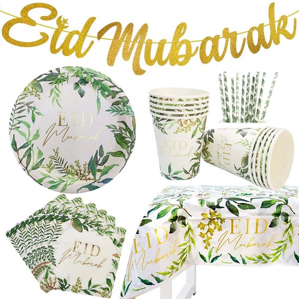 Carta de ouro de tecelagem de folhas verdes Eid Eid Mubarak Desktop Software Software Conjunto de papel Banner Board Cup Ramadan Decoration