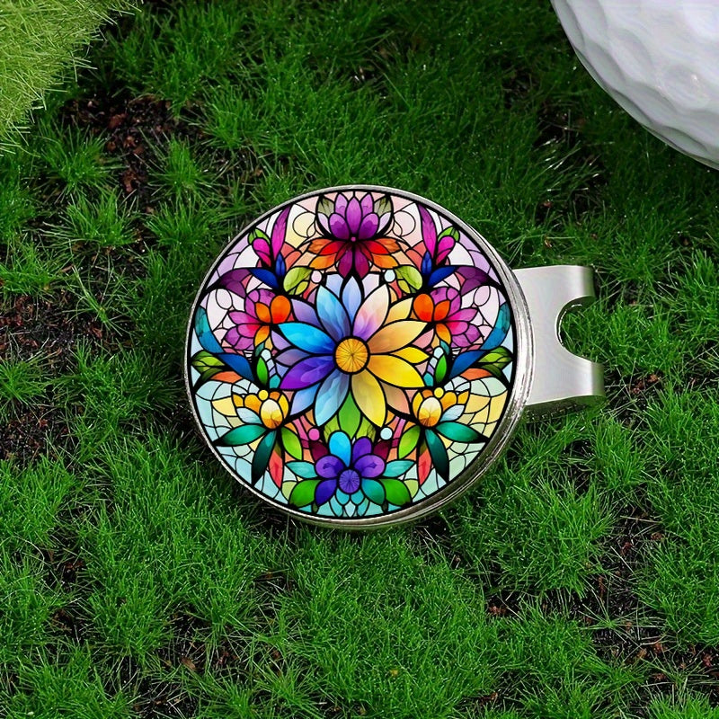 TEMU 1pc Stylish Stained Glass Window Floral Pattern Magnetic Golf Ball Marker - Vibrant Multicolor , Durable Iron Construction With Easy- Magnetic