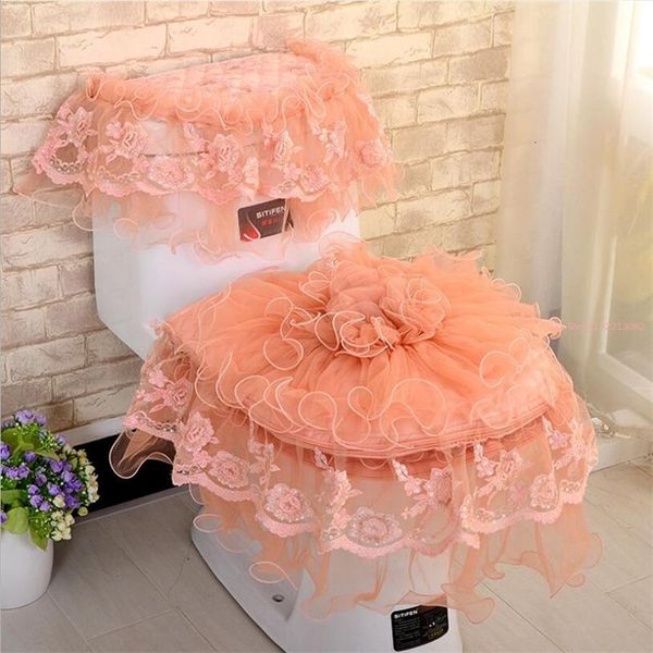 Bathroom zipper 3-piece set orange lace toilet seat cover beautiful and warm toilet seat cushion washable cloth toilet seat cover ww 240909