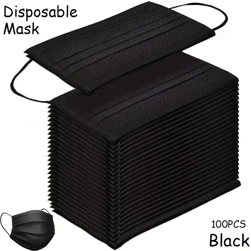 TEMU 100 Pack Disposable Adult Face Masks - Black Polypropylene, Elastic Ear Loops & Breathable Design For Everyday Use, Travel, Office, Public ,