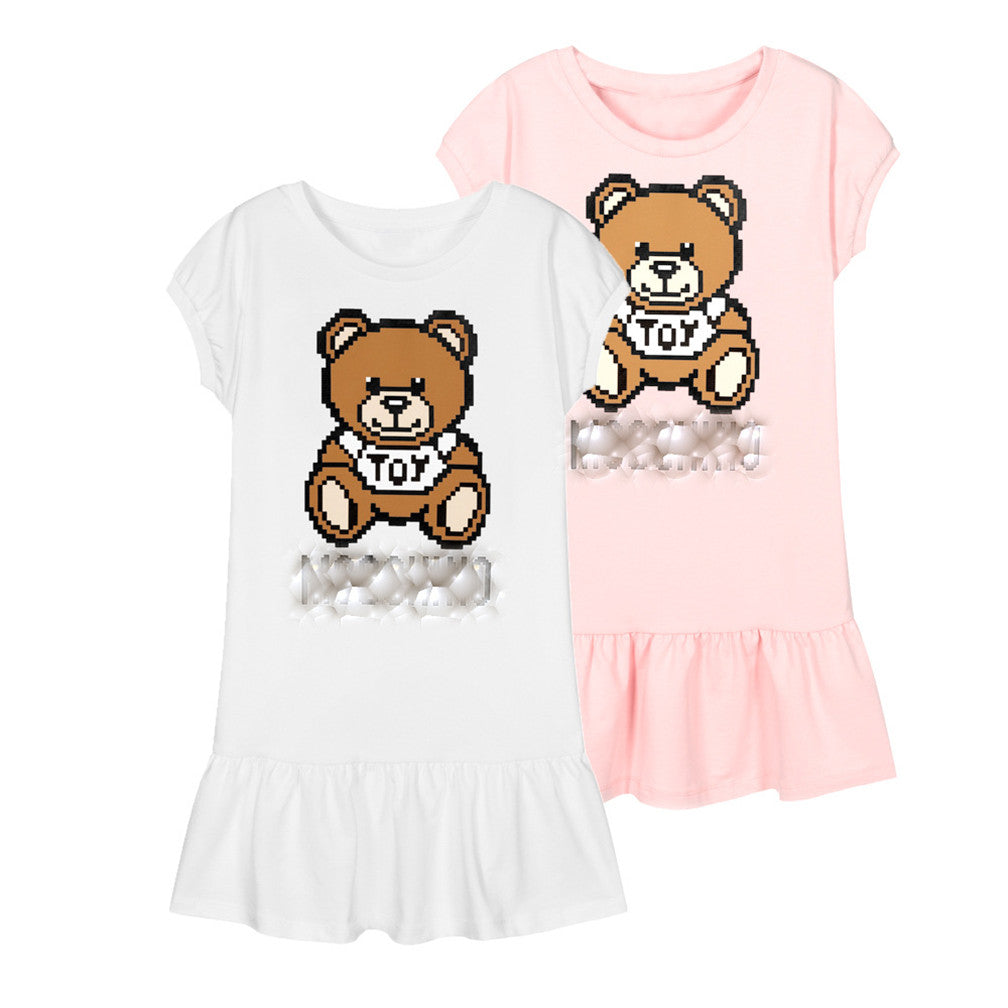 New Summer Dress Fashion Brand Cartoon Letter Style Kids Girl Long-sleeved Bear Print Clothes Baby Girls Princess Dresses 2-10 Year