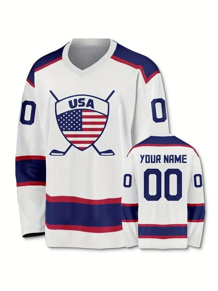 Customized Men&#039;s Ice Hockey Match Dress - Retro American Flag Design, Breathable V-neck Long Sleeve Training and Match Shirt, Customiza
