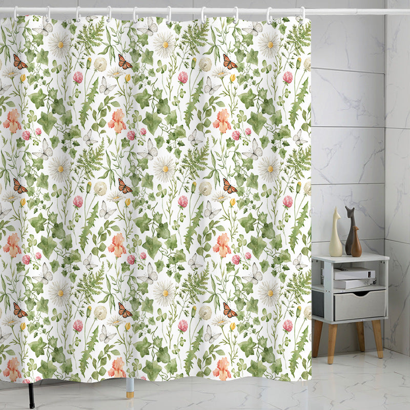 YL-37283 Tropical green leaf print shower curtain bathroom curtain waterproof and mildew proof partition curtain punch-free hanging curtain