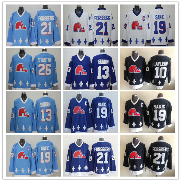 Men Retro 19 Joe Sakic Quebec Nordiques Hockey Jersey 21 Peter Forsberg 13 Mats Sundin 26 Peter Stastny 10 Guy Lafleur Light Blue White Navy Sports