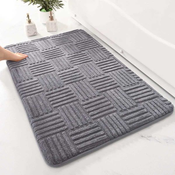 Thickened absorbent striped floor mat solid color bathroom carpet bedroom comfortable cotton velvet non-slip mat entrance matC250108