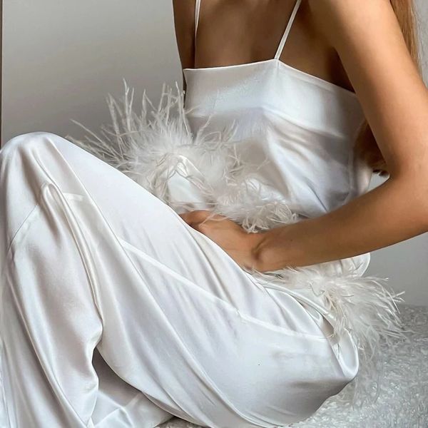 Satin Pajamas With Feathers Sleepwear Women Sets Pants Black Spaghetti Strap Home Suit White Trouser Suits 250103