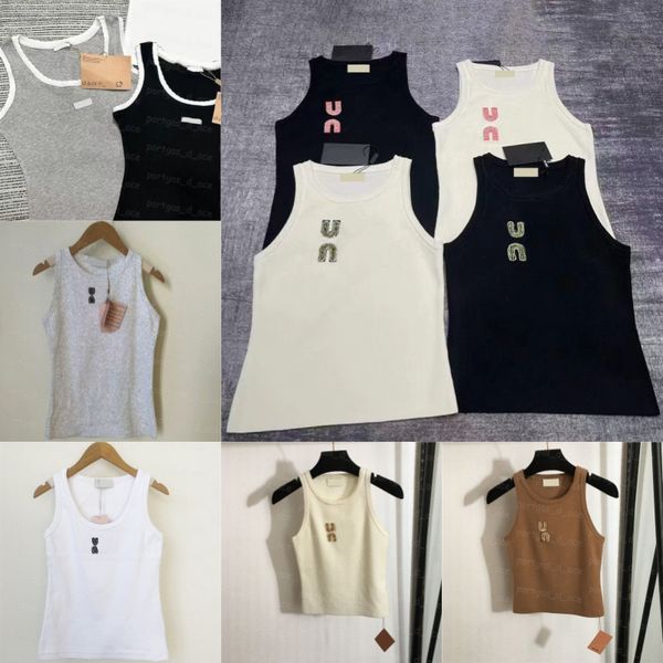 Sequin Rhinestone Knitted Vest Women t Shirt Luxury Round Neck Tank Knitwear Designer Stretchy Knits Tanks Tops Black Beige Brown Singlet
