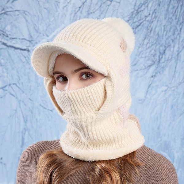 Winter Outdoor Warm Hood Women&#039;s Cycling Face Mask Scarf Integrated Hat with Velvet Yarn Knitted Hat