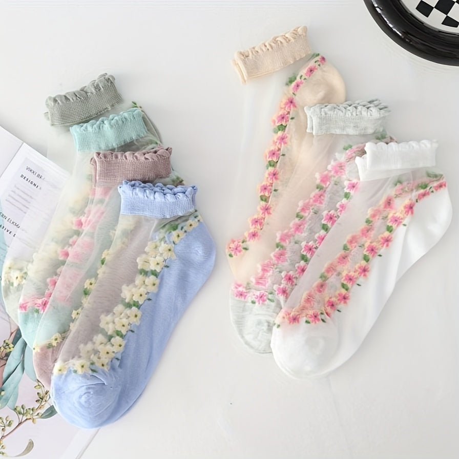 TEMU 7 Pairs Women’s Floral Lace Trim Breathable Sheer Ankle Socks - Lightweight Summer Short Socks With Patterns, Soft Pastel Colors For Casual &