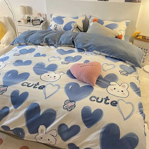 Rabbit Bedding Set Cute Blue Sweetheart Soft Flat Sheet Set Duvet Cover With Pillowcase Single Double Queen Size Bed LinenC241218