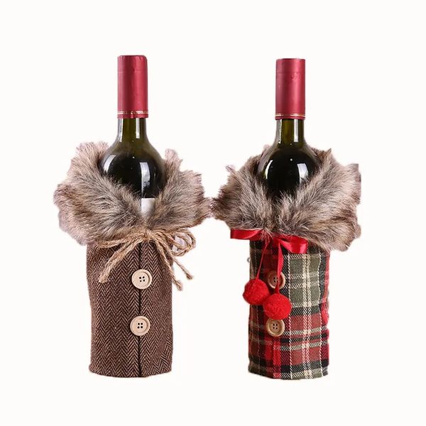 Christmas Decoration New Wine Set Holiday Decoration Props Bow Knot Linen Fur Collar Red Wine Bottle Set Wholesale