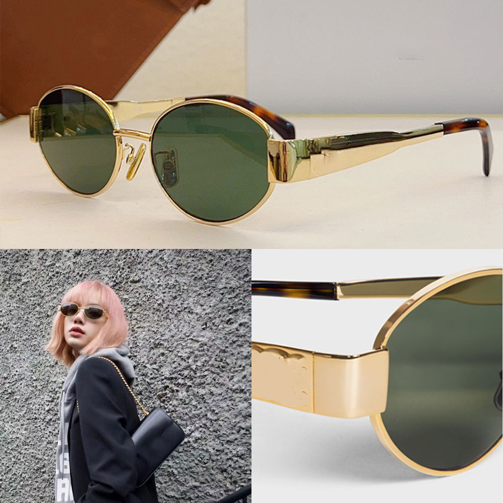 Triomphe lady Oval Frame Sunglasses CL40235 Womens Gold Wire Mirror Frame Green Lens Metal Mirror Leg Triplet Signature on Temple Official Original